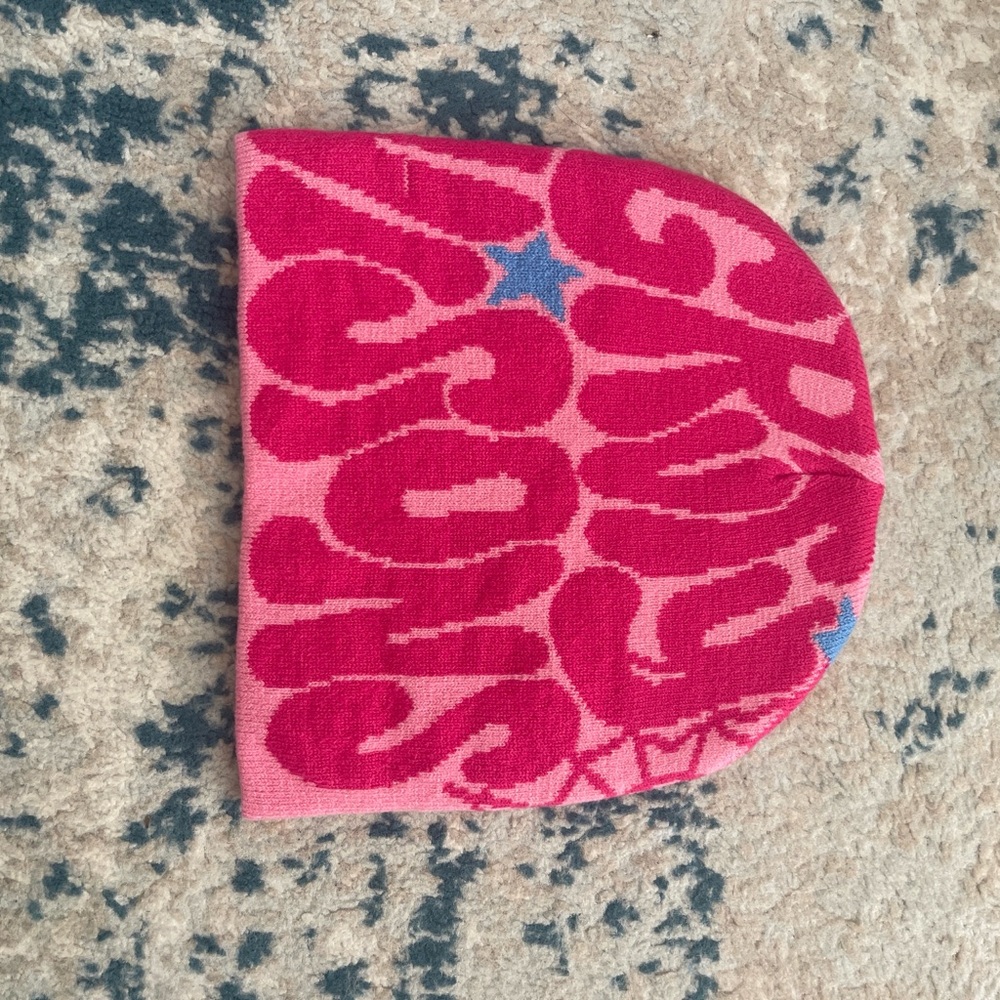 SHEIN Pink Patterned Knit Beanie with Blue Star Accents